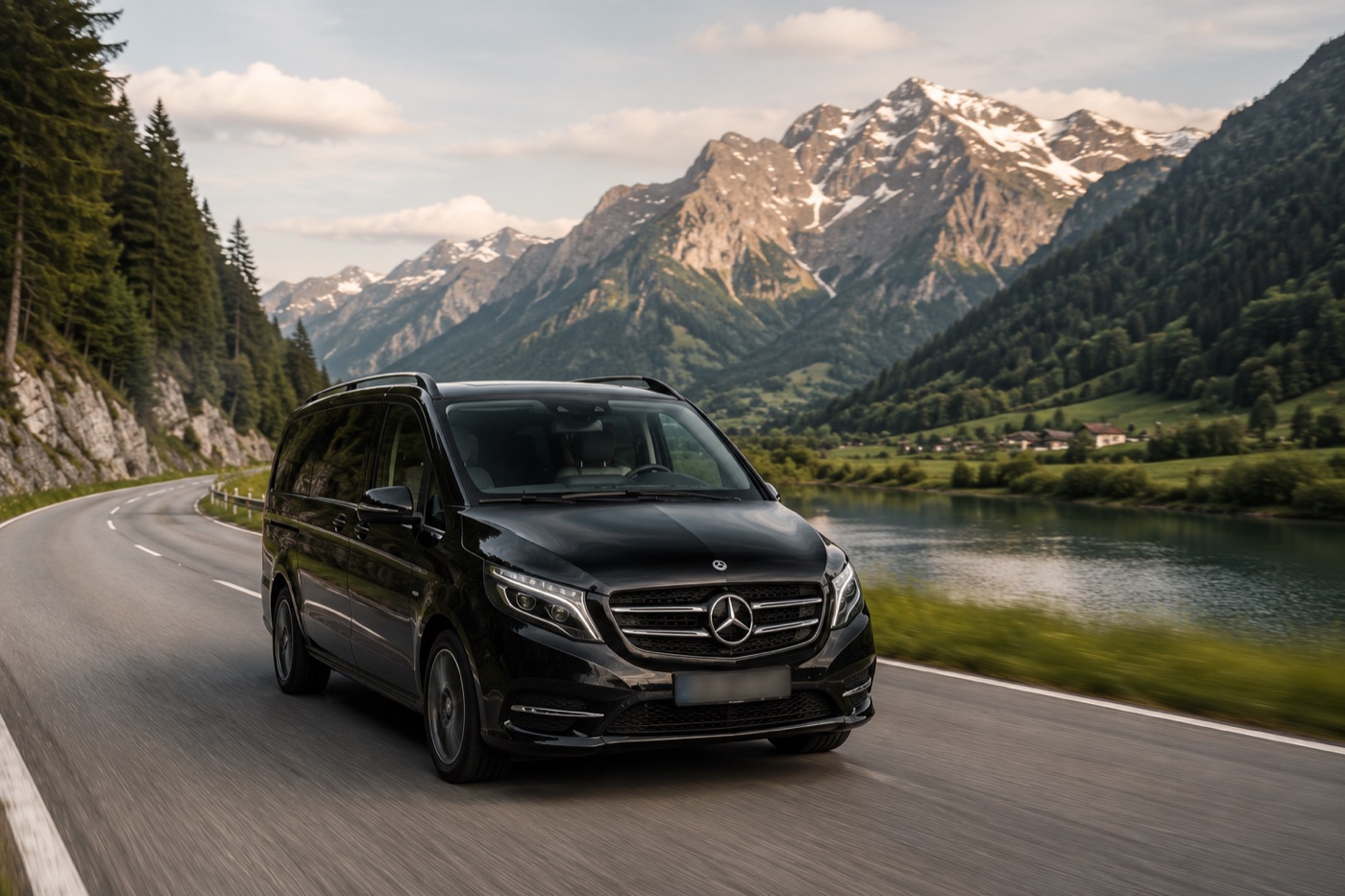 سيارة مرسيدس-بنز V-Class سوداء على طريق جبلي في جبال الألب